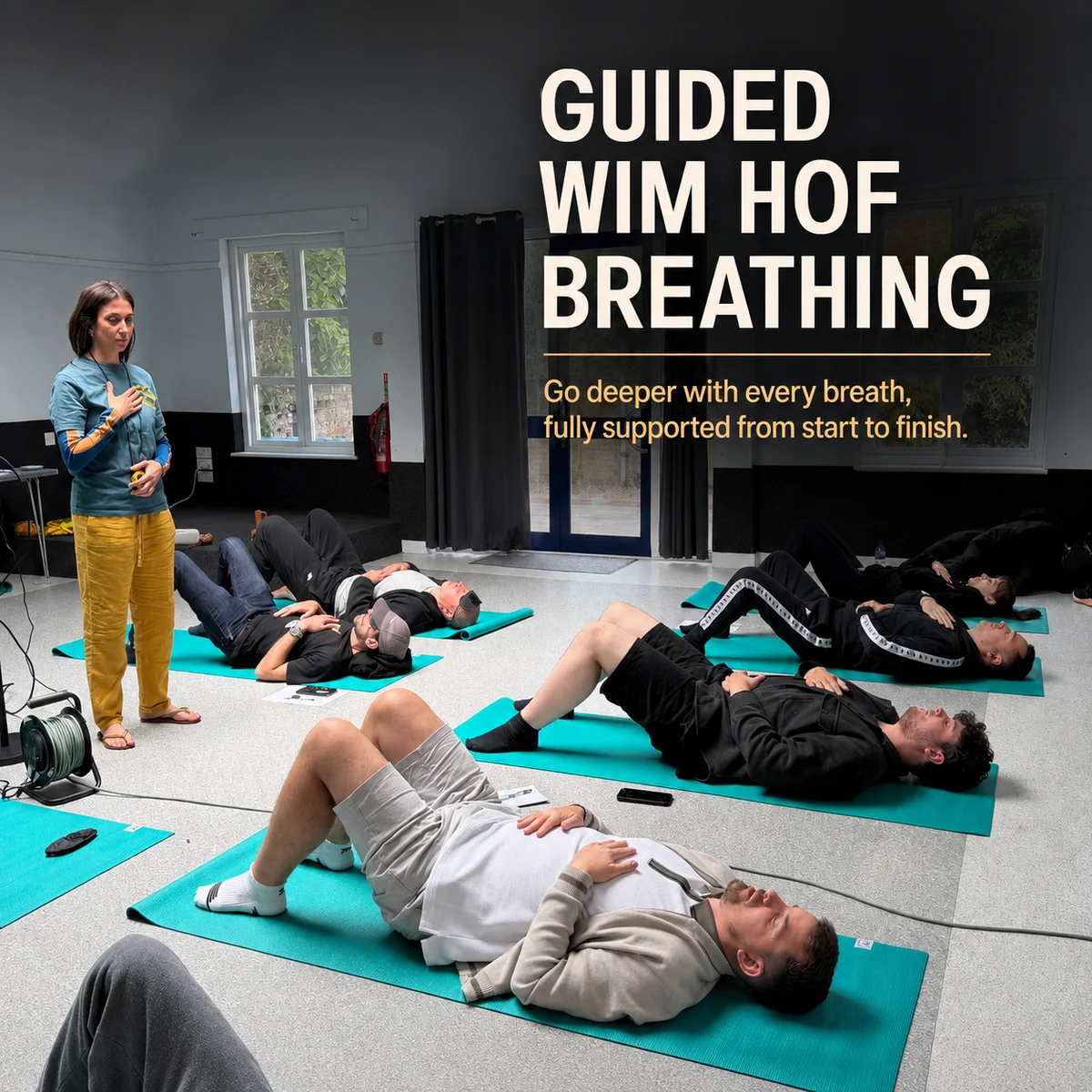 Rima Saad guiding a Wim Hof Method breathing session as participants lie on mats in a calm workshop space